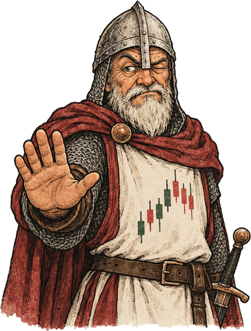 A bearded knight holding up his hand: halt